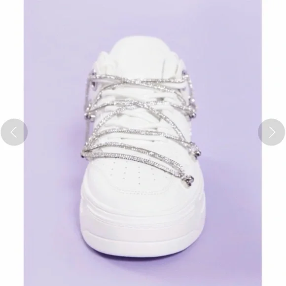 White Sneakers with Silver Accents with Rhinestone Lace - Picture 4 of 12